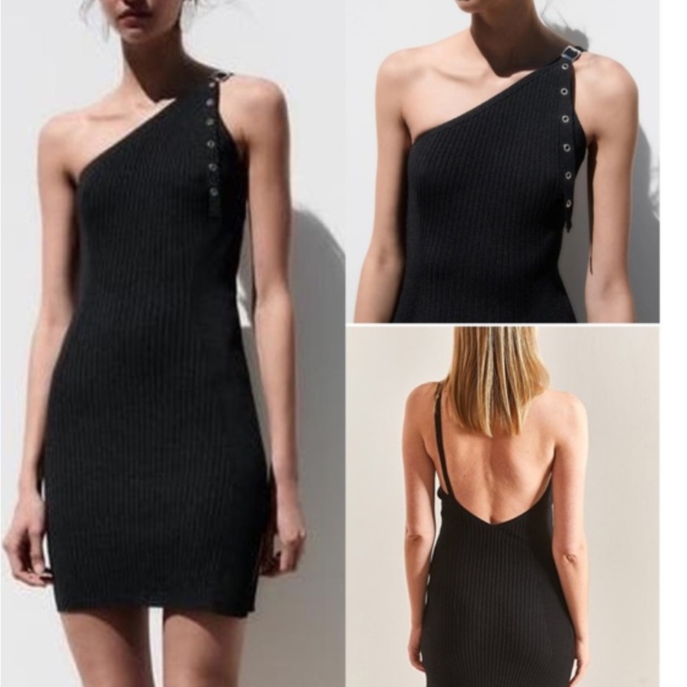 NWOT ZARA Buckle Asymmetric Rib Knit Mini‎ Dress Size Large